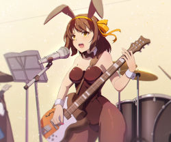 Rule 34 | 1girl, 2girls, a dream, absurdres, animal ears, bare shoulders, between breasts, bow, bowtie, breasts, brown bow, brown hair, brown pantyhose, cape, concert, detached collar, drum, fake animal ears, guitar, hat, highleg, highleg leotard, highres, instrument, leotard, medium breasts, medium hair, microphone, microphone stand, multiple girls, music, nagato yuki, open mouth, pantyhose, playboy bunny, playing instrument, plectrum, rabbit ears, school uniform, solo focus, stage, strap between breasts, strapless, strapless leotard, suzumiya haruhi, suzumiya haruhi no yuuutsu, witch hat, wrist cuffs, yellow eyes