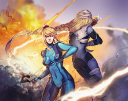 Rule 34 | 2girls, androgynous, ass, back, bandaged arm, bandages, blonde hair, blood, blood on face, bodysuit, braid, breasts, covered navel, explosion, green eyes, gun, hand up, hat, high ponytail, highres, holding, holding gun, holding weapon, injury, lokii, long hair, medium breasts, metroid, mole, mole under mouth, multiple girls, nintendo, one eye closed, parted lips, ponytail, reverse trap, samus aran, sheik, sidelocks, single braid, smile, sparkle, super smash bros., surcoat, the legend of zelda, the legend of zelda: ocarina of time, very long hair, weapon, zero suit