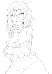 Rule 34 | 1girl, ascot, breasts, crossed arms, eichi yuu, greyscale, highres, kazami yuuka, lineart, long sleeves, looking at viewer, medium breasts, monochrome, open mouth, short hair, simple background, smile, solo, touhou, white background