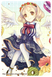 Rule 34 | 1girl, bad id, bad pixiv id, blonde hair, bow, breasts, clothes lift, cookie, dress, dress lift, flower, food, gloves, hair flower, hair ornament, hairband, original, pantyhose, ribbon, robosuke, short hair, sitting, smile, solo, wings, yellow eyes