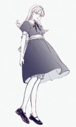 Rule 34 | 1girl, alice (megami tensei), bloomers, collared dress, dress, expressionless, full body, greyscale, hairband, highres, looking down, machihazure, mary janes, monochrome, neck ribbon, puffy sleeves, ribbon, shin megami tensei, shoes, simple background, solo, underwear