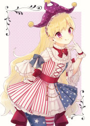 Rule 34 | 1girl, :q, adapted costume, american flag dress, american flag legwear, blonde hair, blue bow, bow, bowtie, brooch, clownpiece, cowboy shot, dress, facial mark, frilled sleeves, frills, gloves, hairband, hand on own hip, hat, highres, honotai, jester cap, jewelry, licking, lolita fashion, lolita hairband, long hair, looking at viewer, no wings, pantyhose, pink background, polka dot, purple eyes, purple headwear, red bow, sash, short dress, smile, solo, tassel, tongue, tongue out, touhou, very long hair, white gloves, wide sleeves