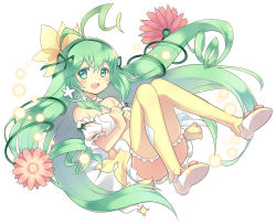 Rule 34 | 1girl, alraune (p&amp;d), antenna hair, aqua eyes, aqua hair, bare shoulders, dress, flower, kaki s, long hair, looking at viewer, monster girl, open mouth, plant girl, puzzle &amp; dragons, smile, solo, thighhighs, wand, white dress