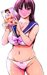 Rule 34 | 1girl, bikini, blue sailor collar, blush, bow, bowtie, breasts, brown hair, cleavage, closed mouth, gluteal fold, hairband, holding, huge breasts, looking at viewer, maguro teikoku, meta, navel, original, pink bikini, pink bow, pink bowtie, pornography, red eyes, sailor bikini, sailor collar, simple background, smile, solo, standing, striped bow, striped bowtie, striped clothes, sweat, swimsuit, white background