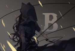 Rule 34 | 1girl, animal ears, back, bad id, bad pixiv id, black hair, blake belladonna, bow, cat ears, holding, holding weapon, hood, kama (weapon), long hair, motion blur, rwby, short sleeves, sickle, solo, tanshi shou, text focus, very long hair, weapon, whip