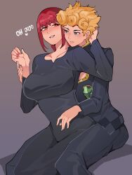 Rule 34 | 1boy, 1girl, absurdres, black dress, black jacket, black pants, blonde hair, blue eyes, breasts, chainsaw man, chest cutout, commentary, couple, crossover, diforland, dress, english commentary, giorno giovanna, hetero, highres, jacket, jojo no kimyou na bouken, large breasts, looking at another, makima (chainsaw man), orange eyes, pants, parted lips, red hair, ringed eyes, sidelocks, smile, vento aureo