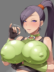 Rule 34 | arm under breasts, blush, breasts, covered erect nipples, dragon quest, dragon quest xi, fellatio gesture, fingerless gloves, gloves, highres, large breasts, licking lips, martina (dq11), naughty face, ponytail, purple eyes, purple hair, qlinicx, sexually suggestive, tongue, tongue out