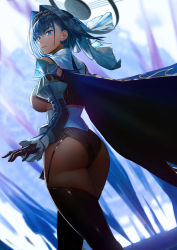 Rule 34 | 1girl, absurdres, ass, black gloves, black thighhighs, blue cape, blue eyes, blue hair, blurry, blurry background, bow, bow earrings, breasts, cape, corset, earrings, from side, ganet p, gloves, hair intakes, highres, hololive, hololive english, jewelry, juliet sleeves, large breasts, long sleeves, ouro kronii, parted lips, puffy sleeves, short hair, sidelocks, solo, thighhighs, virtual youtuber