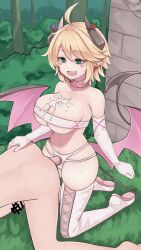 Rule 34 | 1boy, 1girl, :d, ahoge, anal, animated, animated gif, ass grab, blonde hair, boots, bra, breasts, bush, censored, choker, cleavage, clothed female nude male, cum, cum on body, cum on breasts, cum on upper body, demon girl, demon horns, demon tail, demon wings, dildo, doggystyle, elbow gloves, fang, femdom, gloves, green eyes, happy sex, hetero, horns, kikiu bd, kneeling, large breasts, male penetrated, mon-musu quest!, nude, on ground, open mouth, outdoors, panties, pegging, penis, pointy ears, rami (mon-musu quest!), sex, sex from behind, sex toy, smile, strap-on, tail, thigh boots, underwear, white footwear, white gloves, wings