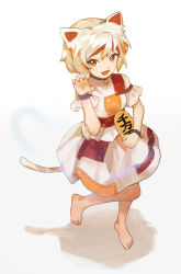Rule 34 | 1girl, animal ears, barefoot, bell, calico, cat ears, cat girl, cat tail, claw pose, coin, commentary request, gold, goutokuji mike, highres, holding, jingle bell, koban (gold), leg up, maneki-neko, medium skirt, multicolored clothes, multicolored hair, multicolored shirt, multicolored skirt, multicolored tail, neck bell, orange eyes, patch, patchwork clothes, short hair, siyumu, skirt, standing, standing on one leg, streaked hair, tail, toes, touhou, white hair