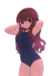 Rule 34 | 1girl, arms up, blue one-piece swimsuit, breasts, brown eyes, brown hair, chan co, choker, commentary request, covered navel, fate/extra, fate (series), highres, kishinami hakuno (female), long hair, looking at viewer, medium breasts, one-piece swimsuit, simple background, solo, swimsuit, wavy hair, white background