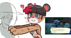 Rule 34 | 1boy, 1girl, :3, animal crossing, animal ears, animal hands, arms up, bare shoulders, baseball cap, bear ears, blue eyes, blunt bangs, blush, breasts, breath, brown hair, claws, covered erect nipples, drawfag, dress, floral print, flower, furry, grey dress, hair flower, hair ornament, happy, hat, heart, heart-shaped pupils, hetero, highres, in heat, interspecies, june (animal crossing), looking at another, medium breasts, nintendo, nose blush, outstretched arms, red flower, reference work, short hair, sideboob, simple background, sketch, smile, solo focus, standing, strapless, strapless dress, sweat, symbol-shaped pupils, teeth, upper body, villager (animal crossing), white background