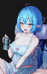 Rule 34 | 1girl, absurdres, ahoge, beer can, black background, blue hair, bob cut, breasts, camisole, can, cleavage, drink can, drooling, heart, heart ahoge, highres, hololive, large breasts, mouth drool, pointy ears, polka dot camisole, pyytato, sitting, sleepwear, virtual youtuber, yellow eyes, yukihana lamy, yukihana lamy (loungewear)