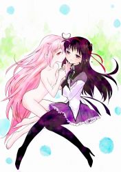 Rule 34 | 10s, 2girls, ahoge, akemi homura, alternate hairstyle, ayanero taicho, black hair, face-to-face, hair down, hand on another&#039;s cheek, hand on another&#039;s face, hand on own cheek, hand on own face, heart, high heels, holding hands, kaname madoka, light smile, long hair, mahou shoujo madoka magica, mahou shoujo madoka magica (anime), multiple girls, nude, pantyhose, pink eyes, pink hair, purple eyes, purple hair, red eyes, ribbon, shoes, smile, tears, ultimate madoka, very long hair, yuri