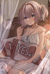 Rule 34 | 2girls, alternate costume, bed, blue eyes, commentary request, curtains, highres, jewelry, kagerou (kancolle), kantai collection, kaomoji (sagor00237), multiple girls, necklace, nightgown, pink hair, ponytail, shiranui (kancolle), short hair, solo focus, yes-no pillow