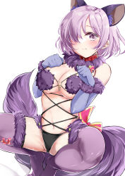 Rule 34 | 1girl, :s, absurdres, animal ears, bare shoulders, blush, bow, breasts, buckle, cleavage, closed mouth, collar, elbow gloves, fate/grand order, fate (series), frown, fur-trimmed gloves, fur-trimmed legwear, fur collar, fur trim, gloves, hair over one eye, hamaken. (novelize), hands up, highres, large breasts, looking at viewer, mash kyrielight, mash kyrielight (dangerous beast), navel, no shoes, official alternate costume, paw pose, pink bow, purple eyes, purple gloves, purple hair, purple thighhighs, revealing clothes, short hair, simple background, solo, spread legs, tail, thighhighs, white background, wolf ears, wolf girl, wolf tail