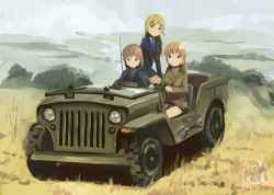 Rule 34 | 3girls, artist name, blonde hair, blue eyes, brown eyes, brown hair, car, cecilia e harris, charlotte e. yeager, dated, highres, jeep, kanokoga, long hair, marian e. carl, military, military uniform, military vehicle, motor vehicle, multiple girls, necktie, noble witches, radio antenna, sketch, spade, strike witches, uniform, vehicle, vehicle focus, world witches series
