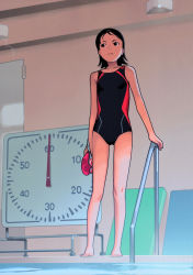 Rule 34 | 1girl, black eyes, black hair, black one-piece swimsuit, competition swimsuit, goggles, hand on railing, highres, holding, holding goggles, indoors, looking afar, messy hair, mirror, one-piece swimsuit, original, pool, solo, standing, swim cap, unworn swim cap, swimsuit, takamichi, timer