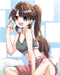 1girl :d blue_background blush bra breasts brown_hair calvin_klein cleavage commentary_request feet_out_of_frame fujishima_megumi grey_bra grey_sports_bra highres indian_style kanduki_kamibukuro link!_like!_love_live! lone_nape_hair long_hair looking_at_viewer love_live! medium_breasts midriff open_mouth panties panty_peek pink_shorts ponytail purple_eyes shorts sitting smile solo sports_bra sports_panties trimmed_bra trimmed_panties two-tone_background underwear virtual_youtuber white_background white_trimmed_bra white_trimmed_panties