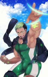 Rule 34 | 1boy, :d, armpits, bad id, bad pixiv id, bara, black hair, blush, bulge, clenched hand, covered abs, dark-skinned male, dark skin, facial hair, feet out of frame, goatee, green hair, highres, ikusaba daisuke, jacket, jacket on shoulders, kurazon (climb zombie), looking at viewer, male focus, multicolored hair, muscular, muscular male, open mouth, pectorals, pointing, pointing up, short hair, sideburns, sidepec, smile, solo, taurus mask, tokyo houkago summoners, two-tone hair, wrestling outfit