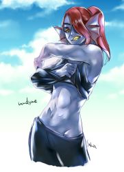 Rule 34 | 1girl, abs, blue skin, colored sclera, colored skin, eyepatch, fins, grin, head fins, long hair, looking at viewer, monster girl, ponytail, red hair, sharp teeth, shirt, shoji sakura, simple background, smile, solo, teeth, undertale, undressing, undyne, yellow sclera
