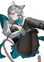 Rule 34 | 1girl, absurdres, animal ear fluff, animal ears, ass, black footwear, black gloves, black pantyhose, boots, breasts, cat ears, cat girl, cat tail, cleavage, facepaint, feet out of frame, floating, genshin impact, gloves, grey hair, highres, juliet sleeves, knees up, long sleeves, looking at viewer, lynette (genshin impact), medium breasts, pantyhose, puffy sleeves, purple eyes, rosehip t72, simple background, skirt, solo, tail, white background