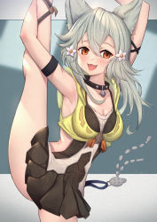 Rule 34 | 1girl, :3, :d, animal ears, armband, armpits, arms up, black collar, blush, breasts, cleavage, collar, collarbone, dress, erune, fang, flexible, flower, granblue fantasy, grey hair, hair between eyes, hair flower, hair ornament, highres, hood, hood down, hooded dress, large breasts, leg lift, leg up, long hair, looking at viewer, open mouth, orange eyes, sen (granblue fantasy), smile, solo, split, standing, standing on one leg, standing split, thighs, uneg, white flower