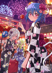 Rule 34 | 3girls, blonde hair, blue hair, blush, candy apple, closed mouth, commentary request, cow girl, cow horns, cow tail, fang, fireworks, flower, food, grey hair, hair flower, hair ornament, hair over one eye, highres, horns, japanese clothes, jashin-chan dropkick, kimono, long hair, looking at viewer, minos (jashin-chan dropkick), multiple girls, mumyou ishi, open mouth, outdoors, persephone (jashin-chan dropkick), persephone ii, red eyes, short hair, smile, summer festival, tail, yukata