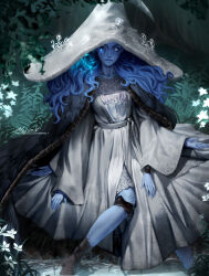 Rule 34 | 1girl, aleriia v, blue eyes, blue lips, blue skin, cape, closed mouth, colored skin, cracked skin, dress, elden ring, extra arms, extra faces, fur cape, hat, highres, large hat, long hair, looking ahead, looking at viewer, on ground, one eye closed, ranni the witch, solo, wavy hair, white dress, white eyes, wide brim, witch hat