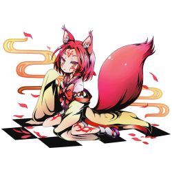 Rule 34 | 10s, 1girl, alpha transparency, animal ear fluff, animal ears, bow, bowtie, collarbone, divine gate, facial tattoo, fox ears, fox tail, full body, hatsuse izuna, japanese clothes, no game no life, official art, orange eyes, red bow, red hair, short hair, sitting, solo, tail, tattoo, transparent background, ucmm