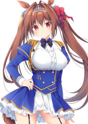 Rule 34 | 1girl, :o, absurdres, aiguillette, animal ears, black bow, black bowtie, blue jacket, blush, bow, bowtie, breasts, brown hair, buttons, center frills, closed mouth, contrapposto, cowboy shot, daiwa scarlet (umamusume), double-breasted, epaulettes, frilled skirt, frills, garter straps, gold trim, hair between eyes, hair intakes, hair ribbon, hand on own hip, highres, horse ears, horse girl, horse tail, jacket, juliet sleeves, korie riko, large breasts, long hair, long sleeves, looking at viewer, puffy sleeves, red eyes, ribbon, shirt, simple background, skirt, sleeve cuffs, solo, tail, tiara, twintails, umamusume, uniform, very long hair, white background, white shirt, white skirt