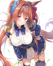 Rule 34 | 1girl, animal ears, black thighhighs, blue jacket, blue skirt, bow, breasts, brown hair, center frills, collared shirt, commentary request, daiwa scarlet (umamusume), epaulettes, frills, garter straps, hair between eyes, hair bow, hair intakes, hand on own hip, highres, horse ears, horse girl, horse tail, jacket, juliet sleeves, kurasawa moko, large breasts, leaning forward, long hair, long sleeves, looking at viewer, open clothes, open jacket, pleated skirt, puffy sleeves, red bow, red eyes, shirt, skirt, solo, tail, thighhighs, tiara, twintails, umamusume, v-shaped eyebrows, very long hair, white background, white shirt
