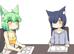 Rule 34 | 2girls, ahoge, animal ear fluff, animal ears, bad id, bad pixiv id, bare arms, bare shoulders, blood, bloody tears, blue hair, blush, breasts, brown eyes, camisole, cat ears, chain, cleavage, closed mouth, collarbone, commentary, crop top, english commentary, eraser, green hair, greenteaneko, greenteaneko-chan, grey shorts, hair between eyes, hair over one eye, highres, holding, holding pen, hood, hood down, hooded jacket, jacket, looking at another, multiple girls, original, pen, purple jacket, short hair, shorts, sitting, small breasts, table, tail, whiskers, yellow camisole