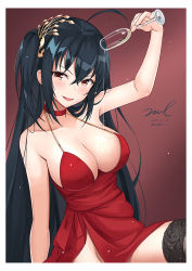 Rule 34 | 1girl, ahoge, alcohol, arm support, azur lane, bare shoulders, black hair, black thighhighs, blush, breasts, champagne flute, choker, cleavage, collarbone, crossed bangs, cup, dated, dress, drinking glass, hair between eyes, hair ornament, holding, holding cup, huge breasts, large breasts, long hair, looking at viewer, official alternate costume, open mouth, pouring, pouring onto self, red background, red dress, red eyes, sidelocks, signature, simple background, sitting, smile, solo, taihou (azur lane), taihou (forbidden feast) (azur lane), thighhighs, twitter username, unel, very long hair