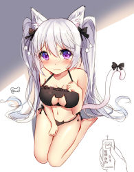 Rule 34 | 1girl, animal ears, artist name, barefoot, bison cangshu, black bow, black bra, black panties, blush, borrowed character, bow, bra, breasts, cat cutout, cat ears, cat lingerie, cat tail, cleavage, cleavage cutout, clothing cutout, collarbone, fictional persona, flower, frilled bra, frills, hair bow, halterneck, lily of the valley, linglan miao, meme attire, navel, panties, purple eyes, seiza, side-tie panties, sitting, sketch, solo focus, tail, tail bow, tail ornament, translation request, twintails, underwear, warship girls r, wavy mouth, white hair