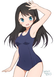 Rule 34 | 1girl, :d, arm up, armpits, black hair, blue eyes, blush, breasts, collarbone, long hair, looking at viewer, medium breasts, one-piece swimsuit, open mouth, original, ragho no erika, school swimsuit, simple background, smile, solo, standing, sukurizo!, swimsuit, tsubakiyama sou
