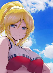 Rule 34 | 10s, 1girl, arm at side, ayase eli, bare shoulders, blonde hair, blue eyes, bow, breasts, cheerleader, cleavage, day, hair between eyes, hair bow, hand on own hip, highres, large breasts, long hair, looking at viewer, love live!, love live! school idol festival, love live! school idol project, outdoors, over of (1216ggxx), ponytail, shirt, sleeveless, sleeveless shirt, solo, solo focus, tareme, underboob