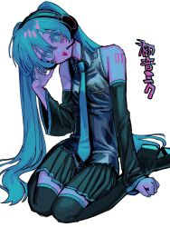 Rule 34 | 1girl, aqua eyes, aqua hair, aqua nails, aqua necktie, arm support, black footwear, black skirt, boots, bright pupils, character name, chikin (4nerjzbfjcr5h4w), commentary, detached sleeves, grey shirt, hair flowing over, hand on headphones, hand up, hatsune miku, head tilt, headphones, highres, light blush, long hair, looking at viewer, microphone, miku day, necktie, number tattoo, open mouth, pleated skirt, shirt, simple background, sitting, skirt, sleeveless, sleeveless shirt, smile, solo, tattoo, thigh boots, thighhighs, twintails, very long hair, vocaloid, wariza, white background, white pupils, zettai ryouiki