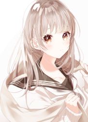 Rule 34 | 1girl, black sailor collar, blunt bangs, blush, brown eyes, brown hair, closed mouth, collarbone, commentary, english commentary, grey scarf, hands up, highres, holding, holding clothes, holding scarf, long hair, long sleeves, looking at viewer, misumi (macaroni), original, sailor collar, scarf, school uniform, serafuku, shirt, simple background, solo, upper body, white background, white shirt