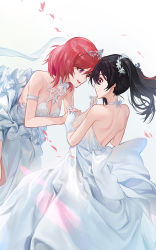 Rule 34 | 2girls, :d, arm strap, backless dress, backless outfit, black hair, bow, breasts, cleavage, closed mouth, diadem, dress, eye contact, floating hair, flower, gloves, hair flower, hair ornament, halterneck, head wreath, holding hands, interlocked fingers, long dress, long hair, looking at another, love live!, love live! school idol project, medium breasts, modare, multiple girls, nishikino maki, open mouth, purple eyes, red eyes, red hair, ribbon, short hair, simple background, sleeveless, sleeveless dress, smile, twintails, wedding dress, white background, white bow, white dress, white flower, white gloves, white ribbon, yazawa nico