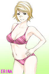 Rule 34 | 1girl, armpits, bandaid, bandaid on face, bandaid on nose, blonde hair, bra, breasts, brown eyes, cleavage, clover (shoukan shounen champion manga), grin, hands on own hips, navel, panties, red bra, red panties, revision, sanada erina, short hair, simple background, smile, solo, st.germain-sal, underwear, underwear only
