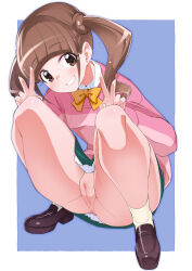 Rule 34 | 1girl, anus, bad id, bad pixiv id, black skirt, blue background, bow, bowtie, brown eyes, brown footwear, brown hair, cleft of venus, commentary, double v, dress shirt, full body, grin, healin&#039; good precure, highres, hiramitsu hinata, leaning forward, loafers, long sleeves, looking at viewer, medium hair, miniskirt, miyagoe yoshitsuki, no panties, orange bow, orange bowtie, pink sweater, precure, pussy, school uniform, shirt, shoes, skirt, smile, socks, solo, squatting, sweater, twintails, v, white shirt, white socks