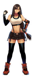 Rule 34 | 1girl, bare shoulders, belt, black belt, black hair, black skirt, black sports bra, black thighhighs, boots, breasts, brown eyes, brown footwear, buckle, collarbone, commentary request, elbow gloves, eyebrows hidden by hair, final fantasy, final fantasy vii, final fantasy vii remake, fingerless gloves, full body, gauntlets, gloves, groin, hair between eyes, hand on own hip, hand up, highres, korean commentary, large breasts, long hair, looking at viewer, low-tied long hair, midriff, miniskirt, navel, pleated skirt, psychicjin, shirt, sidelocks, simple background, single gauntlet, skirt, smile, snap-fit buckle, solo, sports bra, standing, suspender skirt, suspenders, tank top, taut clothes, taut shirt, thighhighs, tifa lockhart, white background, white tank top, zettai ryouiki