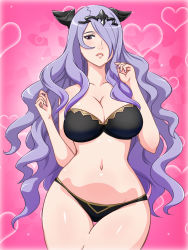 Rule 34 | 1girl, bare arms, bare legs, bare shoulders, blush, bra, breasts, camilla (fire emblem), cleavage, cowboy shot, fire emblem, fire emblem fates, groin, hair over one eye, heart, highres, large breasts, legs, long hair, looking at viewer, nail polish, navel, nintendo, panties, purple eyes, purple hair, purple nails, simple background, solo, standing, thighs, underwear, yuki (12cut)