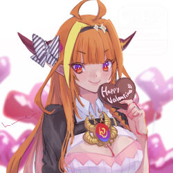 1girl ahoge balloon black_jacket blonde_hair breasts candy chocolate chocolate_heart cleavage cleavage_cutout closed_mouth clothing_cutout dragon_girl dragon_horns food heart heart_balloon holding holding_chocolate holding_food hololive horns jacket kiryu_coco kiryu_coco_(1st_costume) kyou_fumei large_breasts looking_at_viewer multicolored_hair orange_hair pointy_ears red_eyes solo streaked_hair virtual_youtuber
