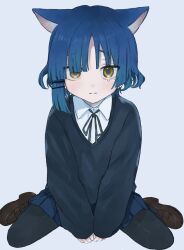 Rule 34 | 1girl, animal ears, black jacket, black ribbon, blue hair, blue skirt, bocchi the rock!, brown footwear, cat ears, closed mouth, collared shirt, full body, grey background, hair ornament, highres, jacket, loafers, long sleeves, looking at viewer, moga (ponco gris), mole, mole under eye, neck ribbon, pantyhose, pleated skirt, ribbon, school uniform, shirt, shoes, short hair, simple background, sitting, skirt, solo, tears, white shirt, yamada ryo, yellow eyes