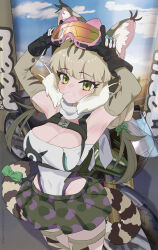 1girl animal_ears armpits arms_up belt breasts camouflage cat_ears cat_girl cat_tail cleavage elbow_gloves extra_ears gloves goggles green_eyes grey_hair highres japari_symbol jungle_cat_(kemono_friends) kemono_friends kemono_friends_v_project kunikuni_(kunihiro2005) large_breasts leotard long_hair looking_at_viewer motor_vehicle ribbon scarf skirt solo tail thighhighs twintails virtual_youtuber