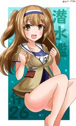 Rule 34 | 10s, 1girl, breasts, brown eyes, character name, clothes writing, hairband, hebitsukai-san, highres, i-26 (kancolle), kantai collection, light brown hair, long hair, name tag, open clothes, open mouth, sailor collar, school swimsuit, short sleeves, smile, solo, swimsuit, swimsuit under clothes, text background, text focus, two-tone hairband, two side up