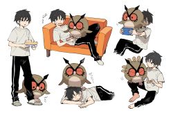 Rule 34 | 1boy, barefoot, bird, black hair, black pants, closed eyes, commentary request, couch, creatures (company), game freak, gen 2 pokemon, grey footwear, holding, hoothoot, male focus, multiple views, newo (shinra-p), nintendo, on lap, pants, pokemon, pokemon (creature), pokemon on lap, shirt, short hair, short sleeves, simple background, slippers, socks, standing, sweatdrop, t-shirt, toes, translation request, white background