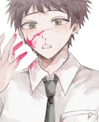 Rule 34 | 1boy, badge, black necktie, blood, blood on face, blood on hands, breast pocket, brown hair, collared shirt, danganronpa (series), danganronpa 2: goodbye despair, grey background, grey shirt, hand up, highres, hinata hajime, looking at hand, male focus, mikan (milkywyw), necktie, open mouth, pocket, portrait, shirt, short hair, simple background, solo, sweat